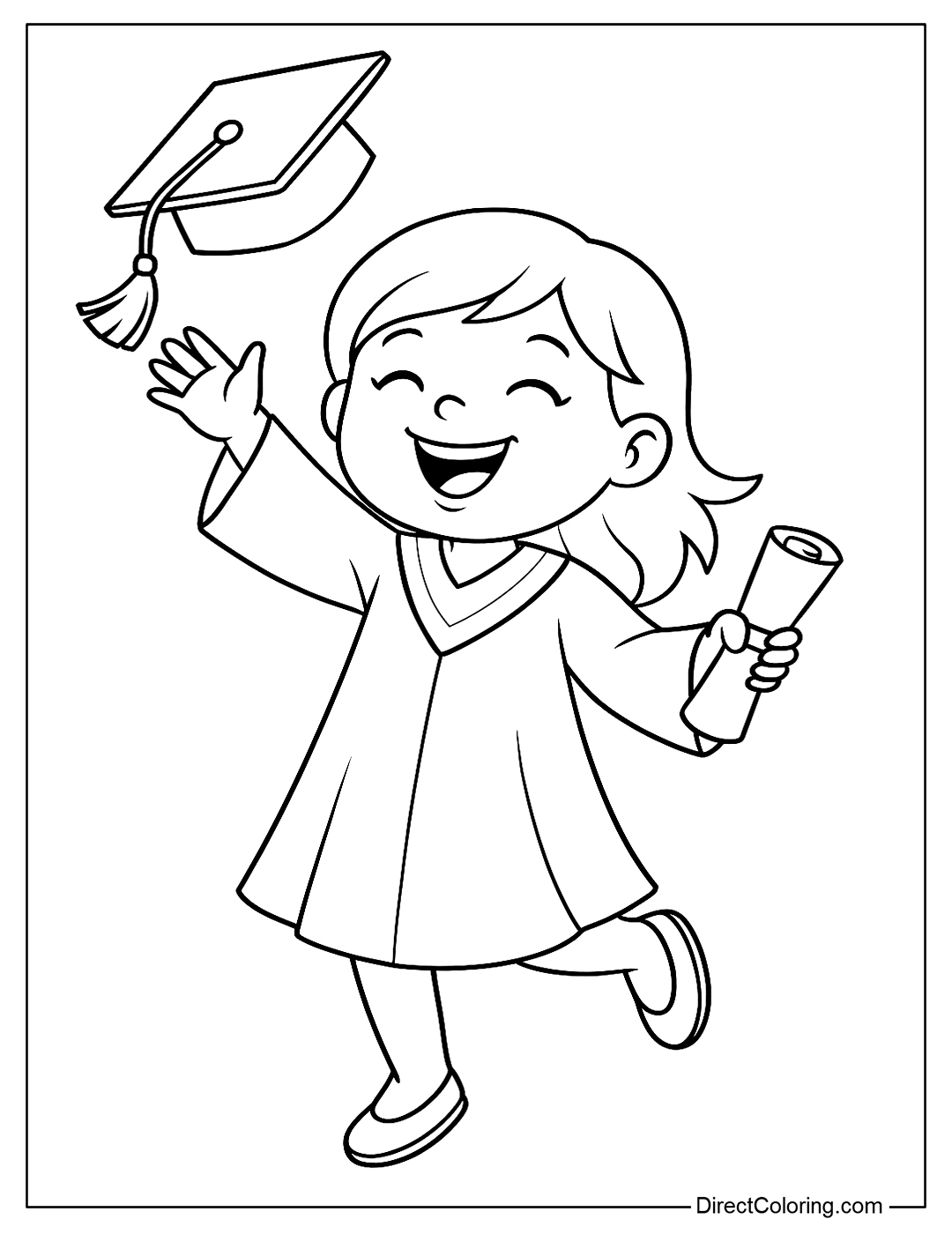 coloring page with a smiling cartoon girl wearing a graduation gown, throwing her cap in the air